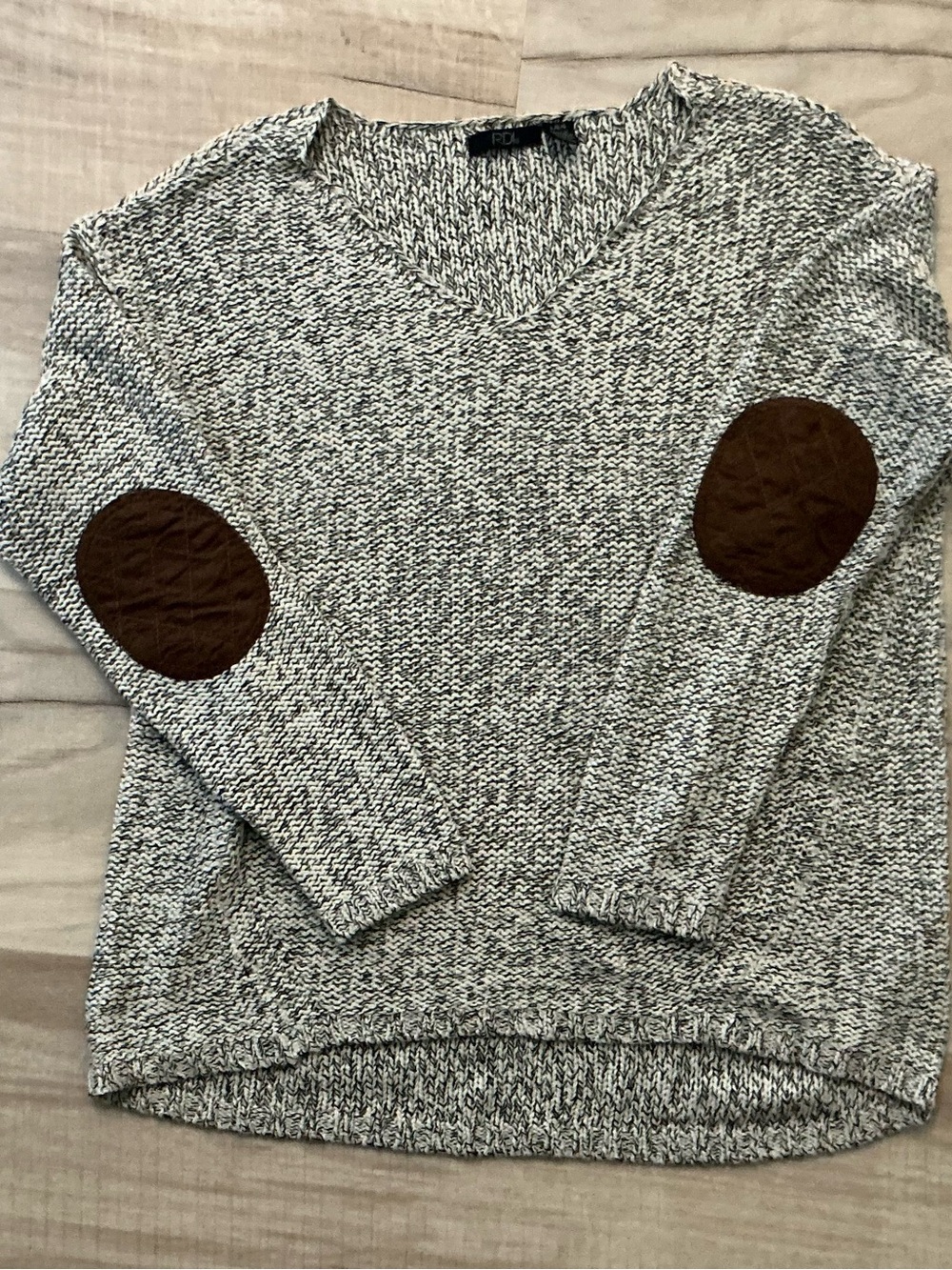 RDI Gray Marled V-Neck Sweater with Brown Elbow Patches